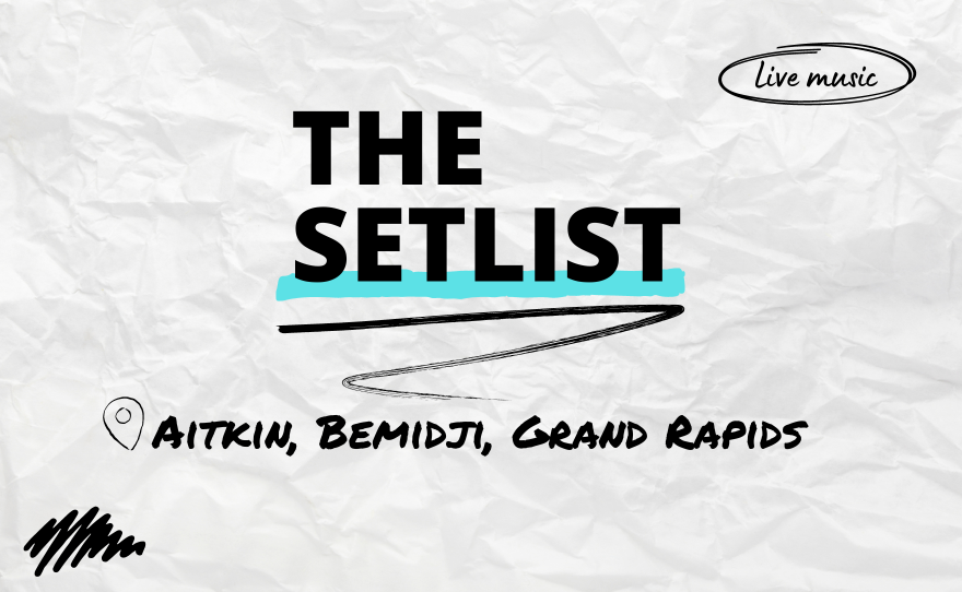 "The Setlist" and "Aitkin, Bemidji, Grand Rapids" written over a crumpled paper background.