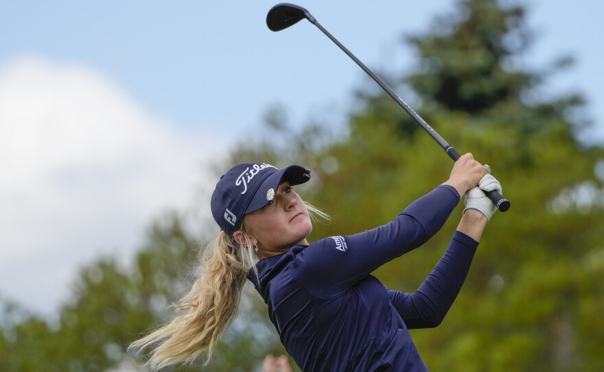 Amateur golfer Gianna Clemente hits off the second tee during the final round of the Mizuho Americas Open golf tournament, Sunday, May 19, 2024, in Jersey City, N.J.