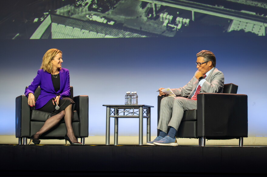 Jocelyn Benson, Michigan's secretary of state and the Democratic candidate for governor, shares the stage with moderator Jason Colthorp at the Detroit Economic Club on September 16, 2026.