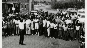 Photo from a 1966 civil rights demonstration organized by the Congress of Racial Equality (CORE) in Weed, California. Black residents of the Lincoln Heights community protested chronic conditions stemming from systemic racial segregationist policies and practices in the town.