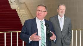 North Carolina House Speaker Tim Moore, R-Cleveland, left, speaks while Senate Leader Phil Berger, R-Rockingham, listens during a post-election news conference at the Legislative Building in Raleigh, N.C., on Wednesday, Nov. 9. 2022. Republicans made seat gains in both the House and Senate on Election Day, with Senate Republicans now holding a veto-proof majority. But Moore said House Republicans fell one seat short of a similar veto-proof threshold.