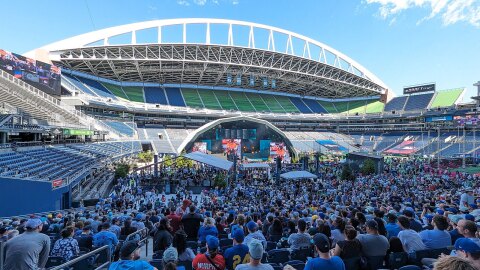 The 2023 draft for Major League Baseball at Lumen Field in Seattle, Washington, held during the All-Star Game Weekend. A temporary stage was set up on the north side of the pitch with spectators in the northwest corner of the stadium. Lumen Field will host six games of the FIFA Men's World Cup this summer.