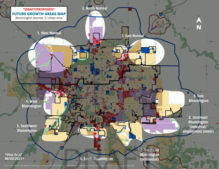 map of potential growth areas at the edges of Bloomington Normal