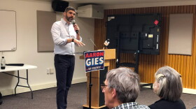 NY23 Democratic and Working Families Party candidate Aaron Gies speaks to voters at Corning town hall.