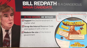 A graphic compiling two mailers. One shows Libertarian candidate for Senate Bill Redpath with the headline "Redpath is a Dangerous MAGA Candidate." It goes on to claim that in the senate, he would support the second amendment no matter what, scrap the internal revenue code and reduce the size of federal government. A second mailer, shown in a circular insert overlaying the first, shows independent socialist Greg Levy under the banner "Join the Revolution." 