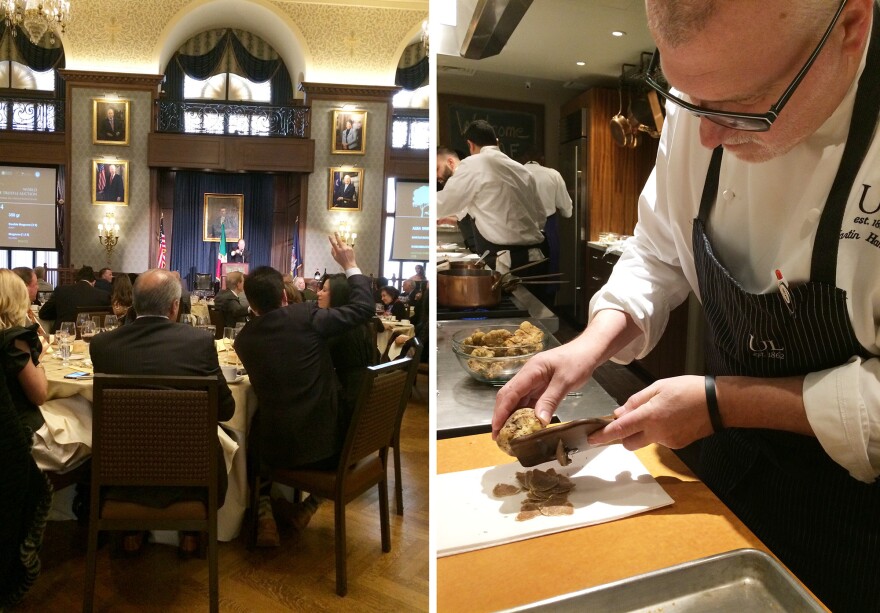 <strong>Left:</strong> Riccardo Longo of Gran Caffé L'Aquila in Philadelphia raises his hand to bid on a lot at the Alba White Truffle Charity Auction. <strong>Right:</strong> Executive chef Martin Hamann shaves white truffles in the kitchen at the Union League of Philadelphia.