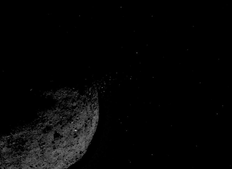 This view of asteroid Bennu ejecting particles from its surface on January 19 was created by combining two images: a short exposure image (1.4 ms), which shows the asteroid clearly, and a long exposure image (5 sec), which shows the particles clearly.
