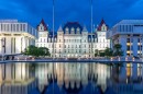 The New York state Capitol building at night, in Albany, NY.