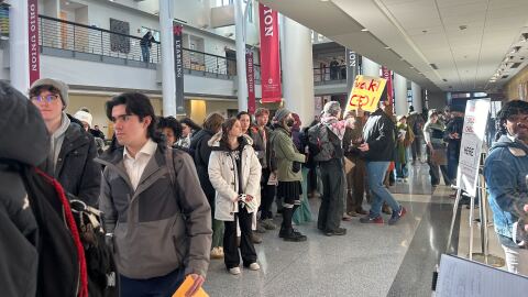 Students standing outside the second-floor ballroom at the Ohio Union.