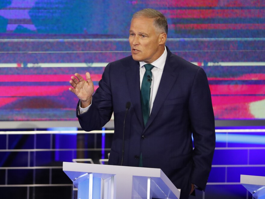 Democratic presidential candidate Washington Gov. Jay Inslee speaks during the Democratic primary debate hosted by NBC News at the Adrienne Arsht Center for the Performing Art, Wednesday, June 26, 2019, in Miami.