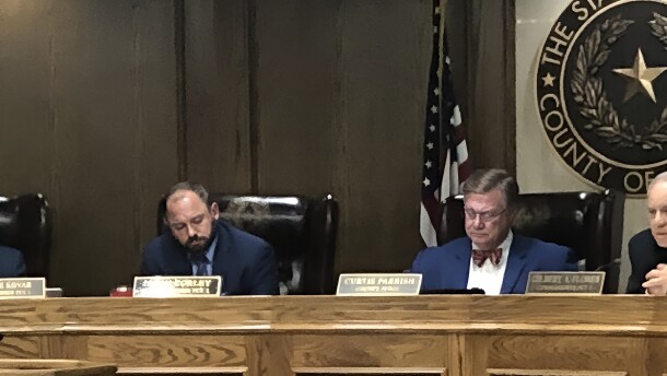 Precinct 2 Lubbock County Commissioner Jason Corley (left) and County Judge Curtis Parrish (right) in commissioner's court, Oct. 23, 2023.
