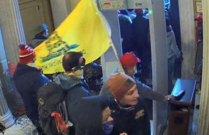 Photo provided by the FBI showing rioters entering the U.S. Capitol on Jan. 6, 2021, including Tennessee residents Stewart Parks and Matthew Baggot.