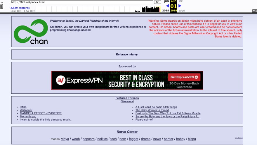 An archived screenshot of 8chan, an online message board that shooters have used to post messages before their attacks, describes itself as "the darkest reaches of the Internet."