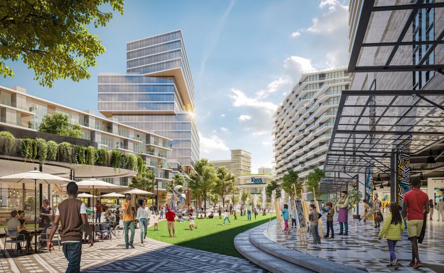 Renderings show the Hines and Tampa Bay Rays proposal to redevelop the Historic Gas Plant District in St. Petersburg and Tropicana Field.