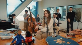 Katerina Lomis, 24, performs her song "Mr Adams" at the University of Miami as part of her submission to NPR's 2026 Tiny Desk Contest.