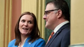Senate Majority Leader Winnie Brinks, D-Grand Rapids, and House Speaker Matt Hall, R-Richland Township, were on hand for Gov. Gretchen Whitmer’s 2025 State of the State Address. (Photo: Simon Schuster/Bridge Michigan)