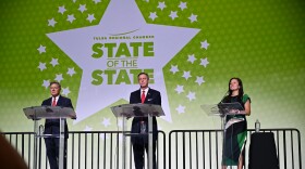 The two Republican candidates Attorney General Gentner Drummond (far left) and former Senator Mike Mazzei stand with Democratic candidate House Representative Cyndi Munson to answer questions as each vie for Oklahoma's next governor.