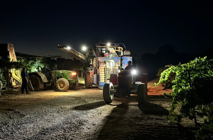 Workers operate farm machines at night to harvest wine grapes at Berryhill Family Vineyards in Clements, Calif., Sept. 10, 2026.