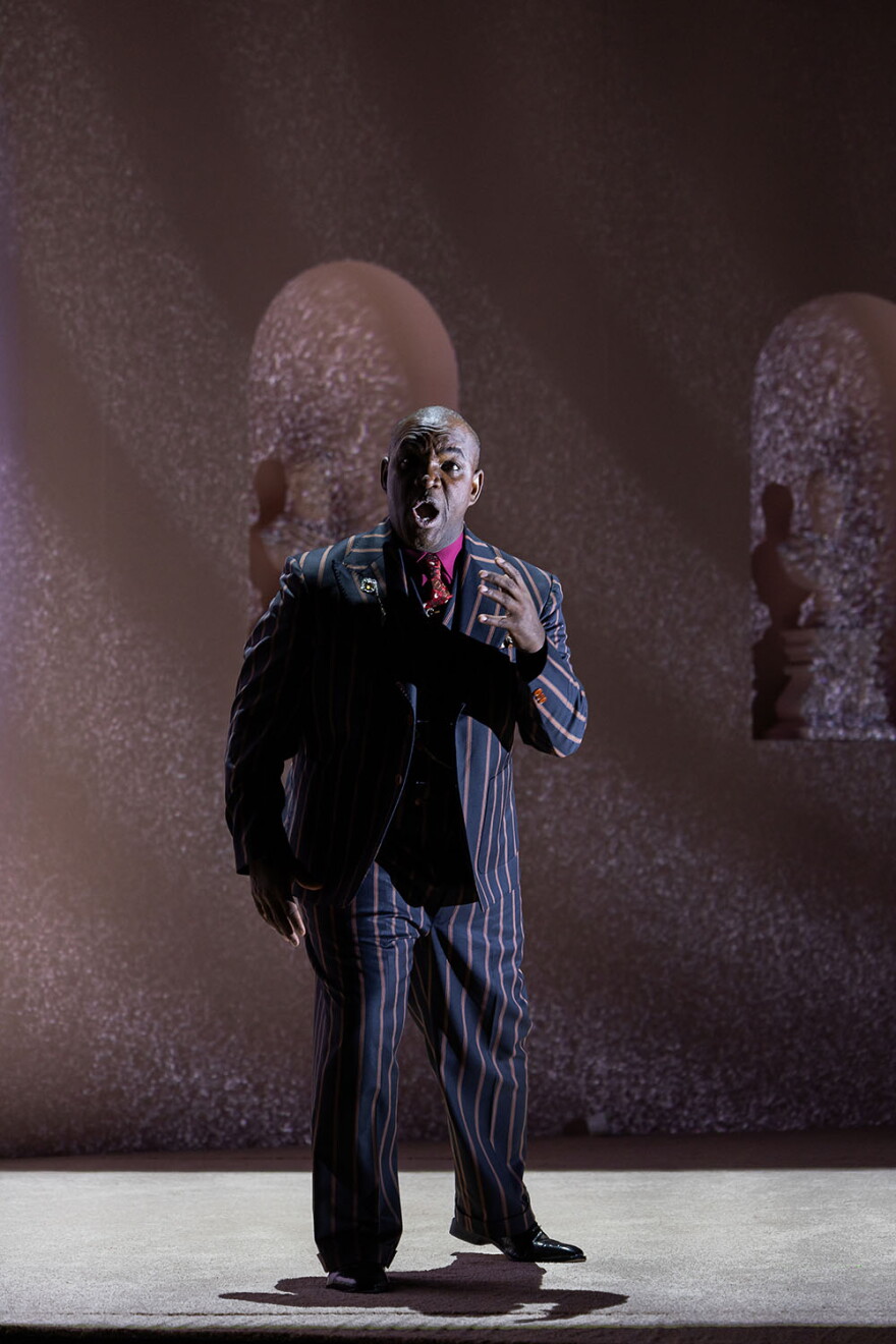 Tenor Lawrence Brownlee performing as the title character in Boston Lyric Opera's 2024 production of 'Mitridate, re di Ponto.'