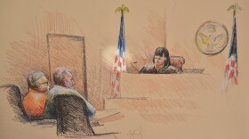 Artist's sketch of Roger Golubski and his attorney appearing before U.S. Magistrate Judge Rachel E. Schwartz at a detention hearing in Topeka Monday.