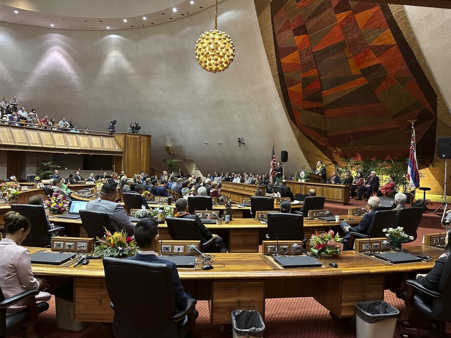 Gov. Josh Green delivers his State of the State address in the House of Representatives at the Hawaiʻi State Capitol in Honolulu on Monday, Jan. 22, 2024.