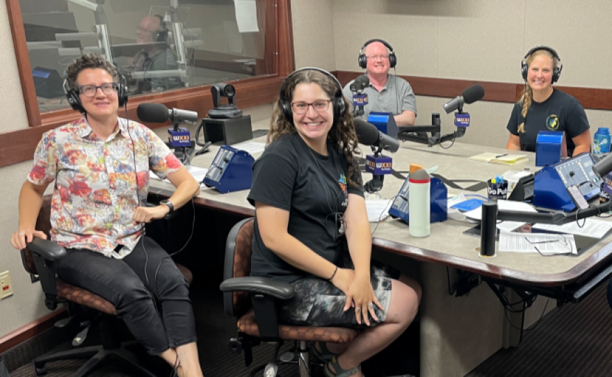 From left, in foreground, are Sara Scott and Amanda Little; in background, Bill Collins and Kyra Stephenson; and Evan Dawson on "Connections with Evan Dawson" on Wednesday, July 24, 2024.