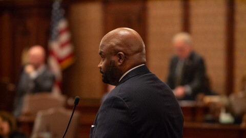 State Sen Elgie Sims, D-Chicago, debates Sen. Dave Syverson, R-Cherry Valley, on the Senate floor before the chamber approved the fiscal year 2027 budget.