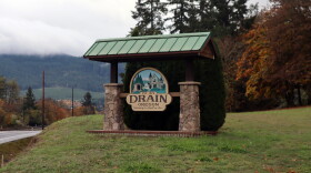 A sign on Oregon Route 99 greets travelers coming into Drain from the north, as seen in the Oct. 28, 2026 photo.