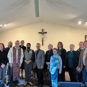 Christian clergy from the Traverse City area gather at Guadalupe Chapel in Leelanau County. They met to stand in solidarity with a Traverse City man who has been detained by U.S. Immigration and Customs Enforcement. (Photo: Claire Keenan-Kurgan/IPR News)