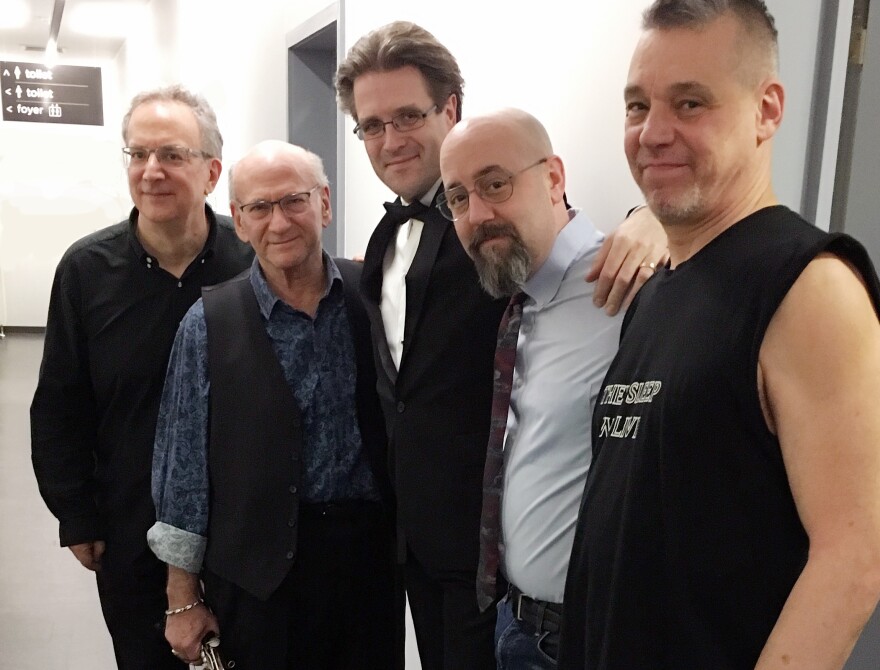 Uri Caine, far left, with some key partners in 'Agent Orange' (left to right): saxophonist Dave Liebman, conductor Alexander Hanson, bassist John Hébert, turntablist DJ Olive.