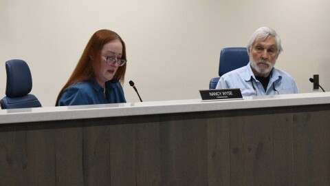 Benton County Commissioners Nancy Wyse (left) and Pat Malone (right) at a hearing Nov. 4, 2025. They both previously voted to expand the Coffin Butte Landfill, but opted Tuesday to withdraw approval pending further discussion.