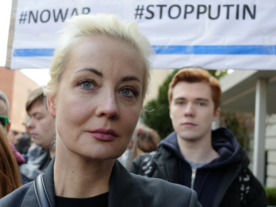 Yulia Navalnaya, widow of Alexey Navalny, stands in a queue with other voters at a polling station near the Russian embassy in Berlin, on Sunday.