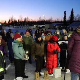 Karen Martin Tichenor addresses attendees at a candelight vigil for Sonia Espinoza Arriaga and her kids on Sunday, Mar. 1, 2026 in Soldotna, Alaska.