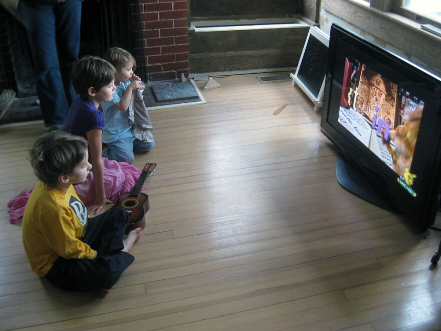 Mac, left, Veronica and Petra Humphrey watch the PBS children's channel on their parents' high definition television.