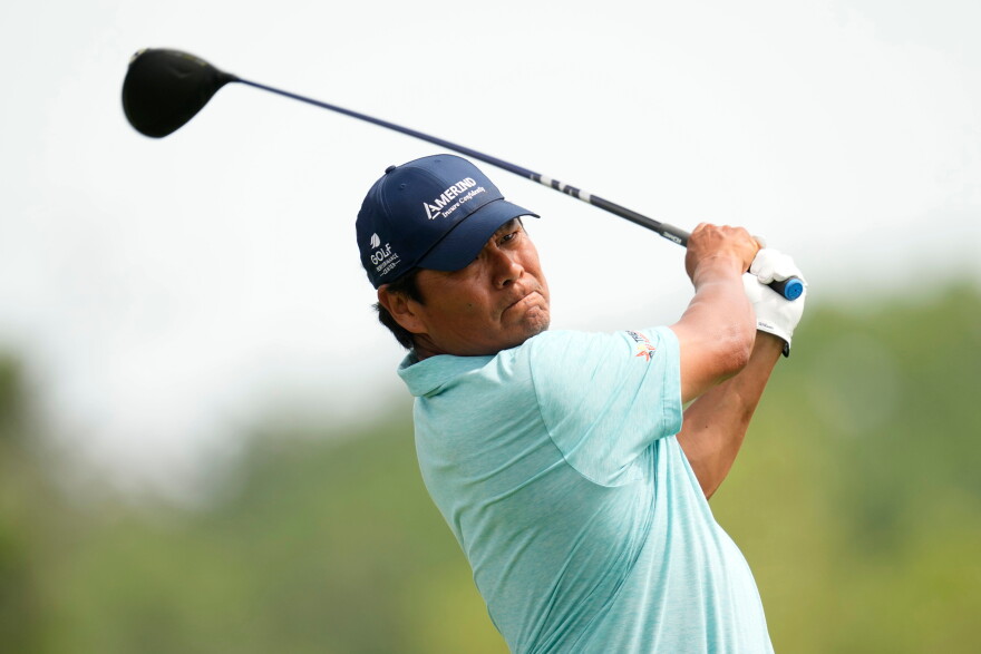 FILE - Notah Begay III hits off the third tee during the final round of the Champions Tour Principal Charity Classic golf tournament, June 2, 2024, in Des Moines, Iowa. (AP Photo/Charlie Neibergall, File)