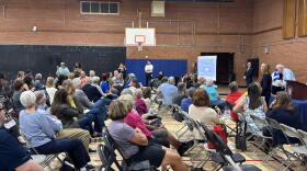Arizona Attorney General Kris Mayes listens to residents at an Oct. 14, 2026, town hall on data centers in Mesa.