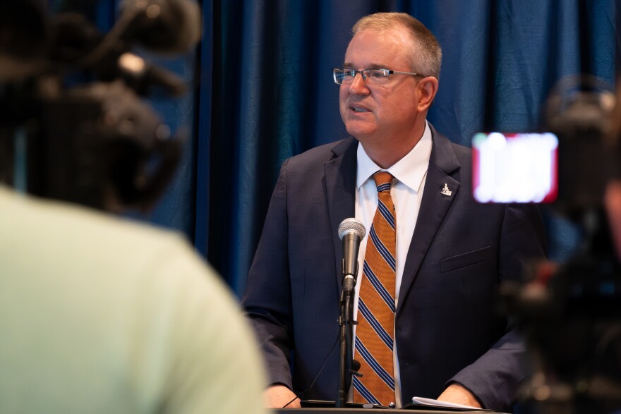 David Hahn, the sole finalist to become Boise State University's next president, speaks to the media Tuesday, June 16, 2026.