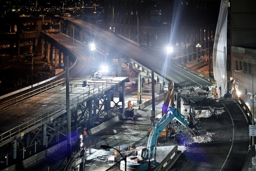 Photos of the demolition of the First Avenue S. on-ramp to SR 99 in Seattle on Feb 18-19, 2011. The demolition is part of construction to replace the south end of the Alaskan Way Viaduct.