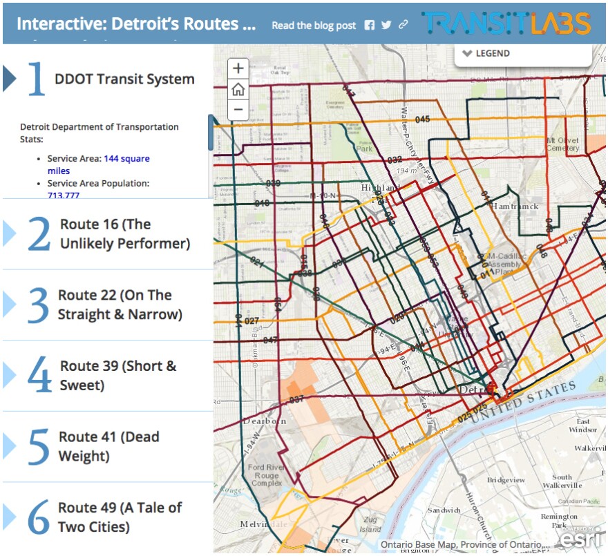Transit Labs produced an <a href="http://blog.transitlabs.com/part-ii-deeper-look-detroits-routes-population-density/">interactive graphic</a> for a deep look into Detroit's public transportation system.