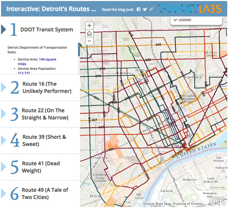 Transit Labs produced an <a href="http://blog.transitlabs.com/part-ii-deeper-look-detroits-routes-population-density/">interactive graphic</a> for a deep look into Detroit's public transportation system.