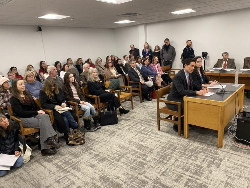 Dr. Benjamin Chan, the state epidemiologist, and Megan Penny, chief of the Bureau of Infectious Disease Control, testify on HB 1811, a bill that would end vaccinate mandates for schoolchildren in New Hampshire, on Feb. 4, 2026.