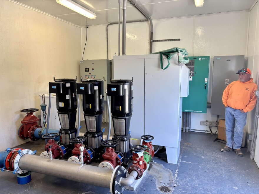 Vienna City Superintendent Shon Westart looks at the city's water treatment system in Vienna, Mo., April 8, 2025. The system is capable of filtering out volatile organic compounds, but it does not filter out "forever chemicals" like PFOS.