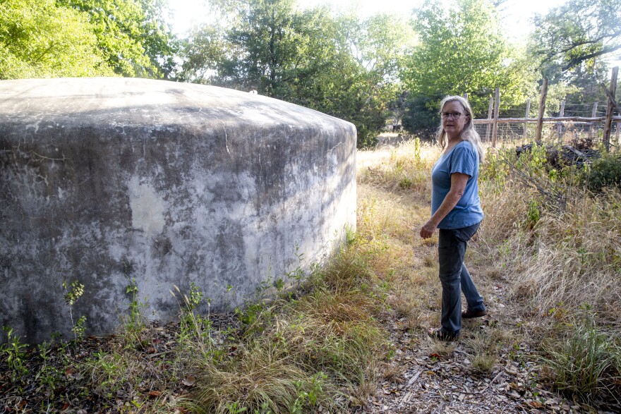 Cathy Ramsey, Western Hays County project coordinator for the Save Our Springs Alliance, stands by her 20,000 gallon rainwater cistern at her home in Dripping Springs, in August 2023.