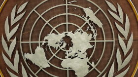The logo of the United Nations is seen in the General Assembly hall before heads of state begin to address the 76th Session of the U.N. General Assembly at UN Headquarters in New York City.