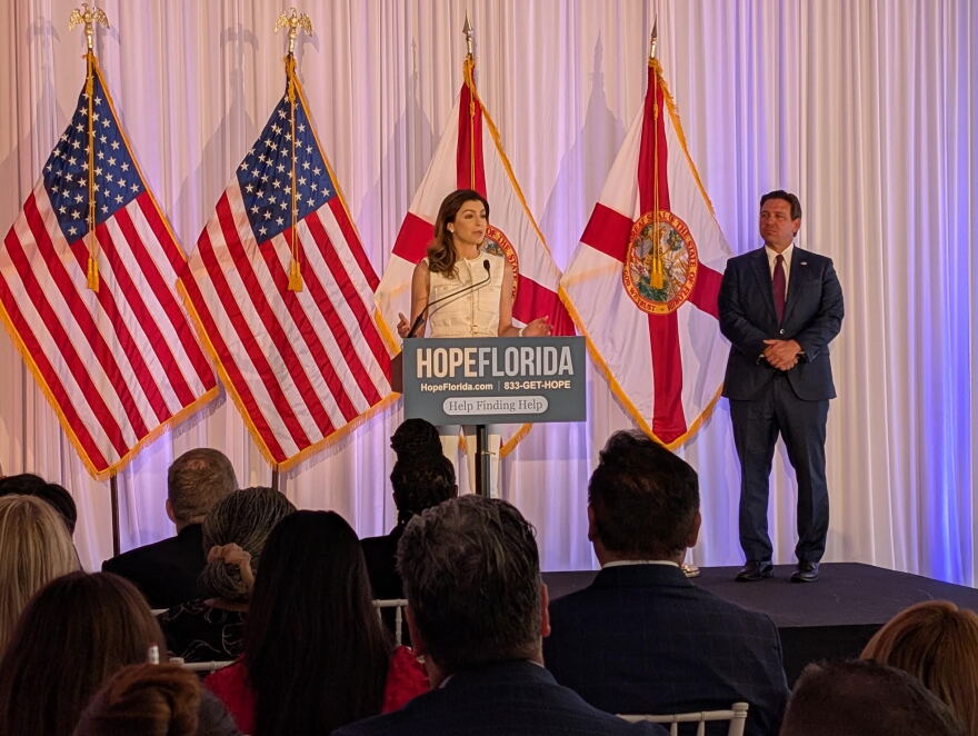 First Lady Casey DeSantis and Gov Ron DeSantis at a May 20, 2025, Hope Florida press conference in Tampa.