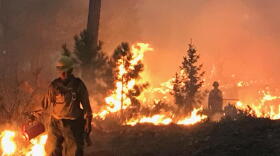 Firefighters work the lines on the Garden Creek Fire during the night of August 8, 2018.