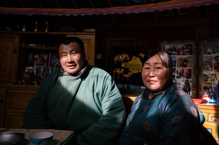 Nergui and Tumurchudur "Tumee" Galsanjamts, 43, met in a hospital after Nergui had fallen off a horse and broken his leg. Tumurchudur was visiting another patient. They married in 1997.