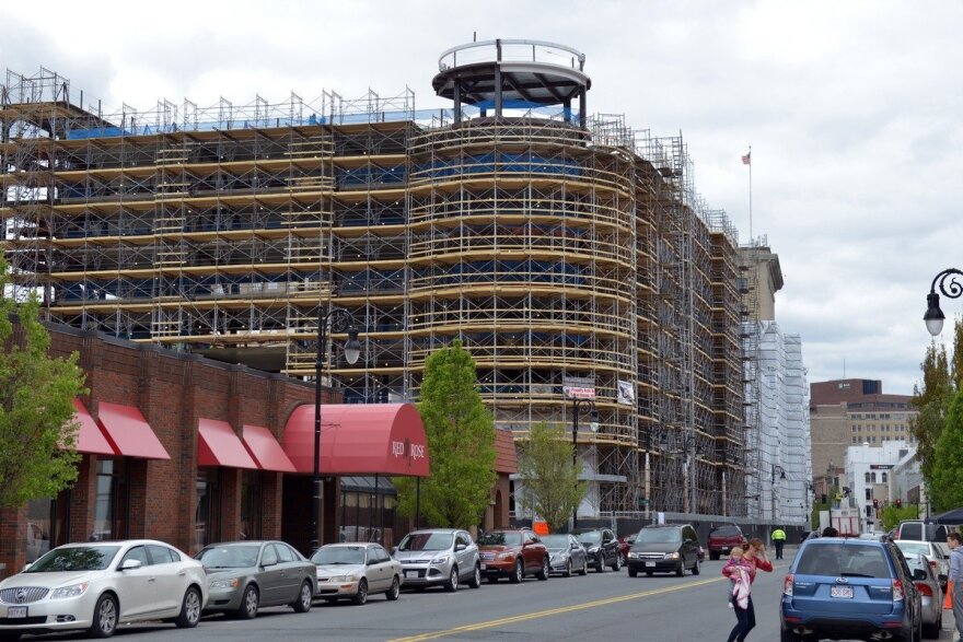 Looking north on Main Street in Springfield, Mass., the MGM hotel was under construction in May 2017.