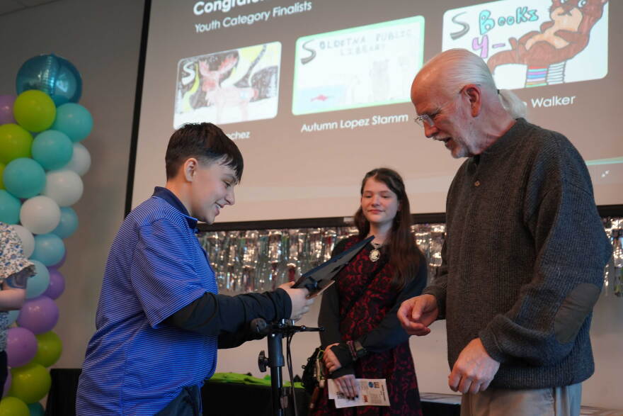 Maya Sanchez is recognized as youth winner of a contest to design new library cards at the Soldotna Public Library in Soldotna, Alaska, on Tuesday, Sept. 1, 2026.