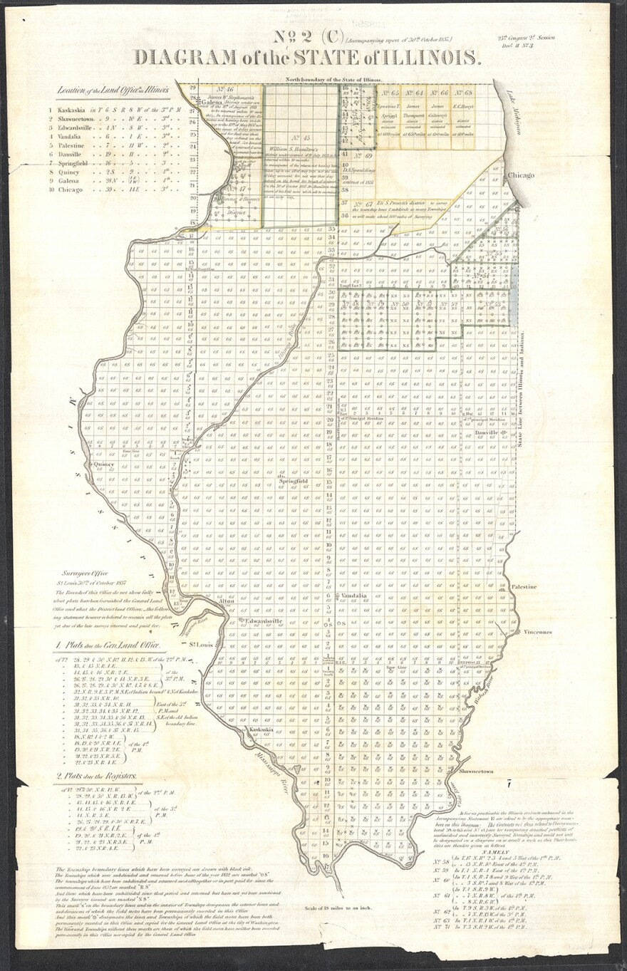 A map of Illinois shows the intricate grid work drawn by Don Alonzo Spaulding.